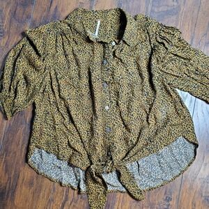 Free People Celia Animal Cheetah Print Tie front blouse sz S